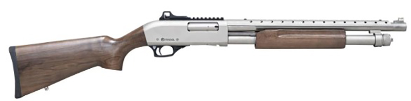 "12GA Pump Shotgun 18.5" Barrel, 39" OAL, Nickel Finish, Walnut Stock, 4+1 Capacity, 3 Chokes, Heat Shield, Picatinny Rail, Adjustable Sight