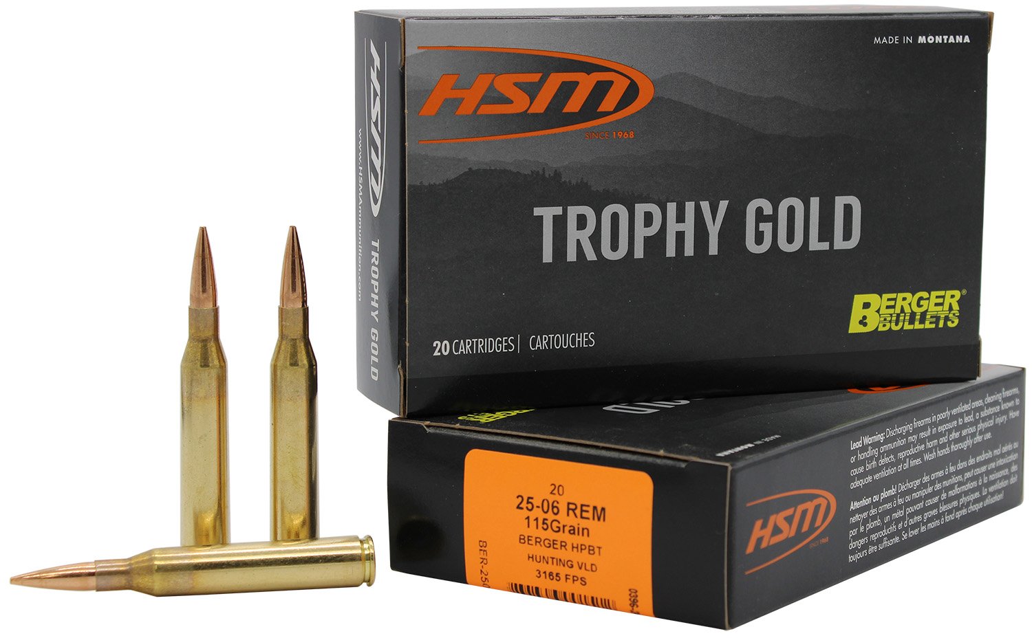 HSM 2506115VLD Trophy Gold 25-06 Rem 115gr Berger VLD 20 Rounds - HSM Ammunition - 25-06 Rem