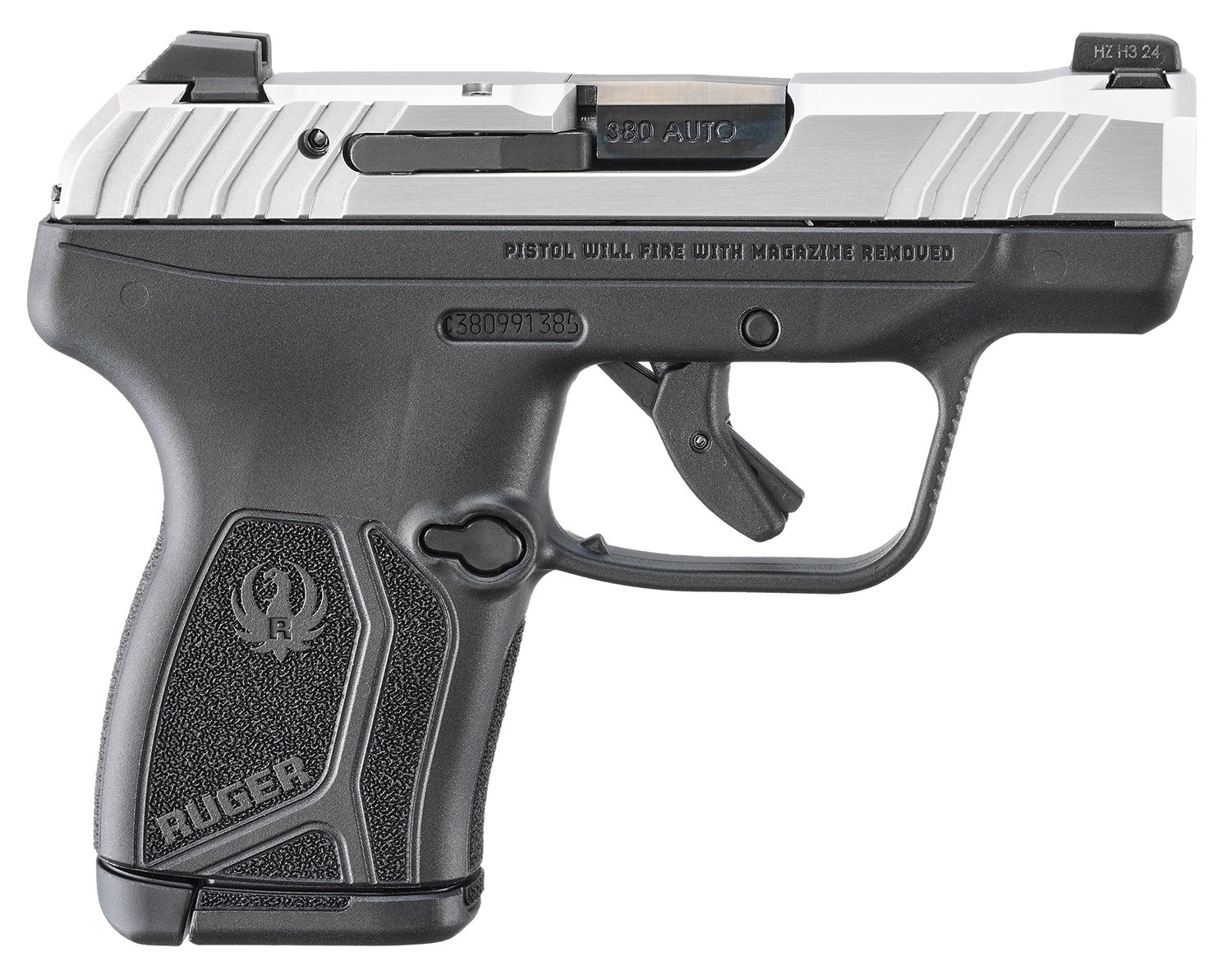 Ruger LCP MAX Handgun .380 Auto 10rd Magazine 2.80" Black Oxide Barrel Manual Safety Stainless Slide/Black Grip Manuel Safety