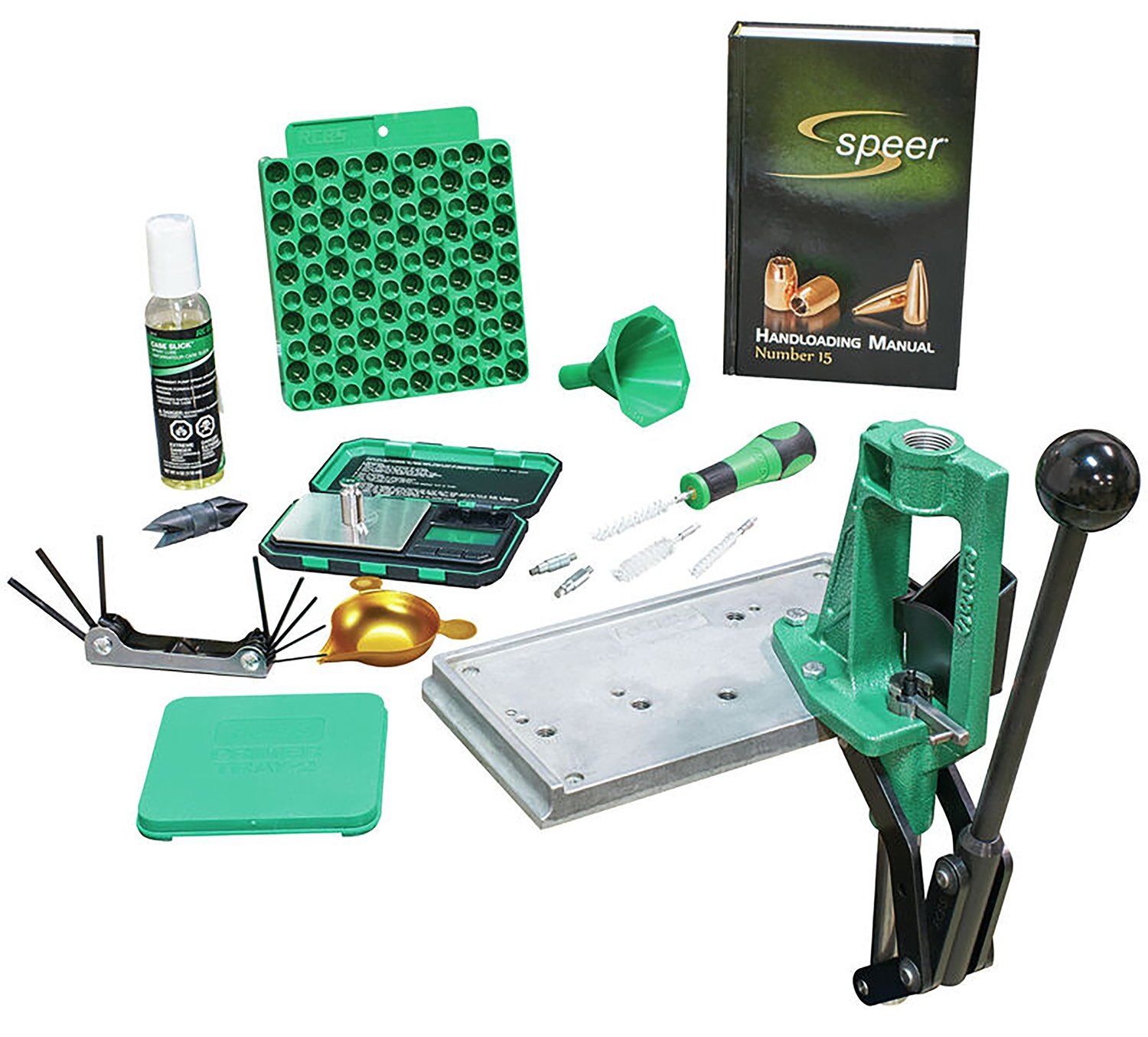 RCBS Partner Reloading Kit-2: Green, Single Stage Press, Digital Scale, Speer Manual, Accessory Handle, Powder Funnel, Hex Key, Deburring Tool, Loading Block, Slick Lube, Primer Tray - RCBS - Multi-Caliber