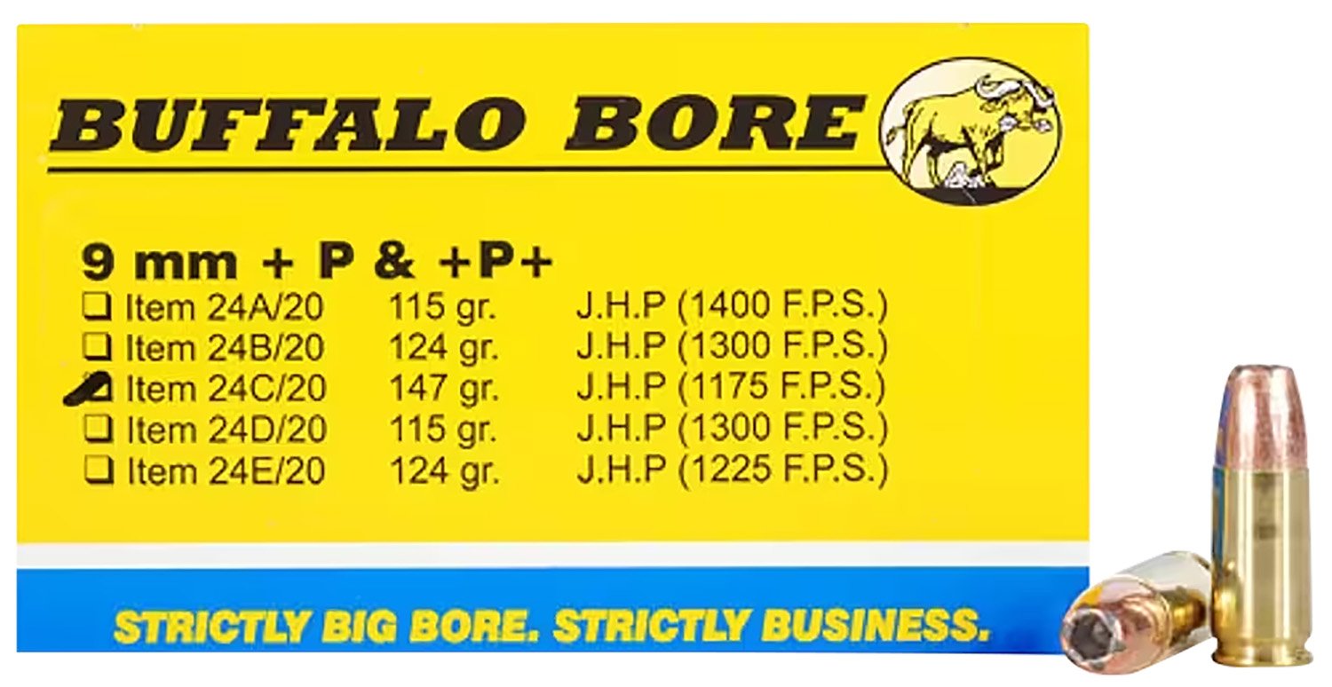Buffalo Bore 24C20 9mm Luger +P+ 147gr JHP Ammo 20/Box - BBA - JACKETED HOLLOW POINT