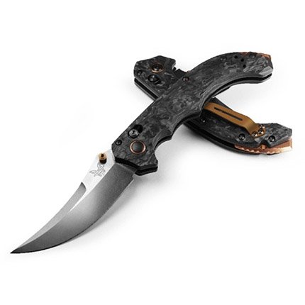 MINI BEDLAM, AXS, SCIMITAR BLADE 3.45" CPM-S90V STEEL BLADE MARBLED CARBON FIBER HANDLE - Benchmade