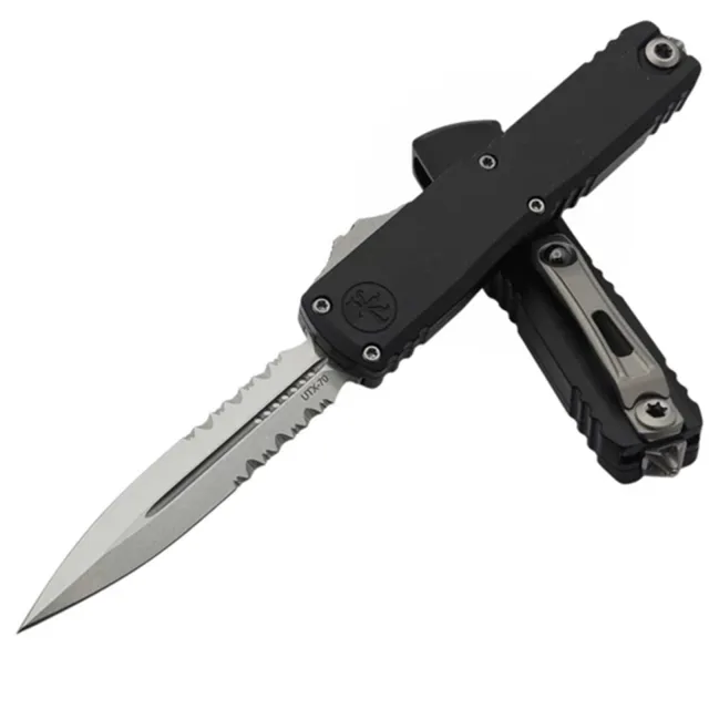 Microtech UTX-70 Gen IV 2.5 In D/E Stonewash Part Serrate Black Handle