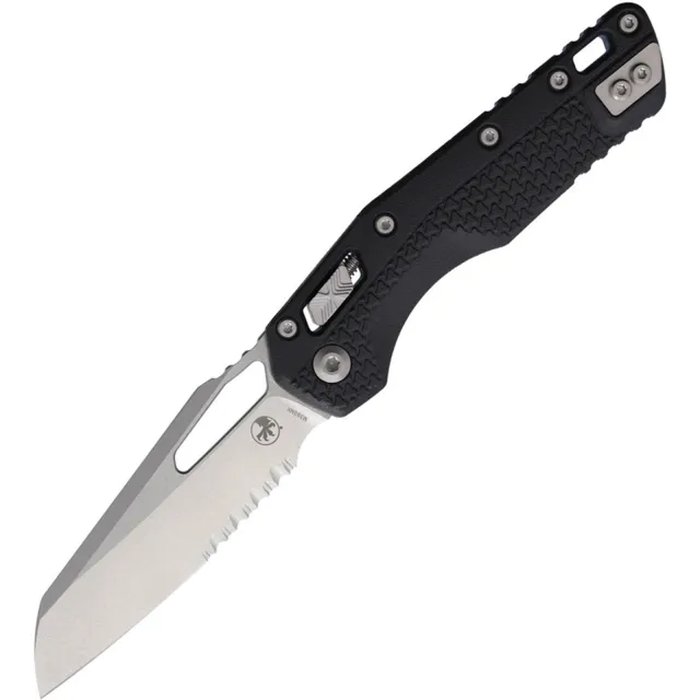 Microtech MSI 3.88 In Wharncliff Part Serrated Stonewash Black Handle