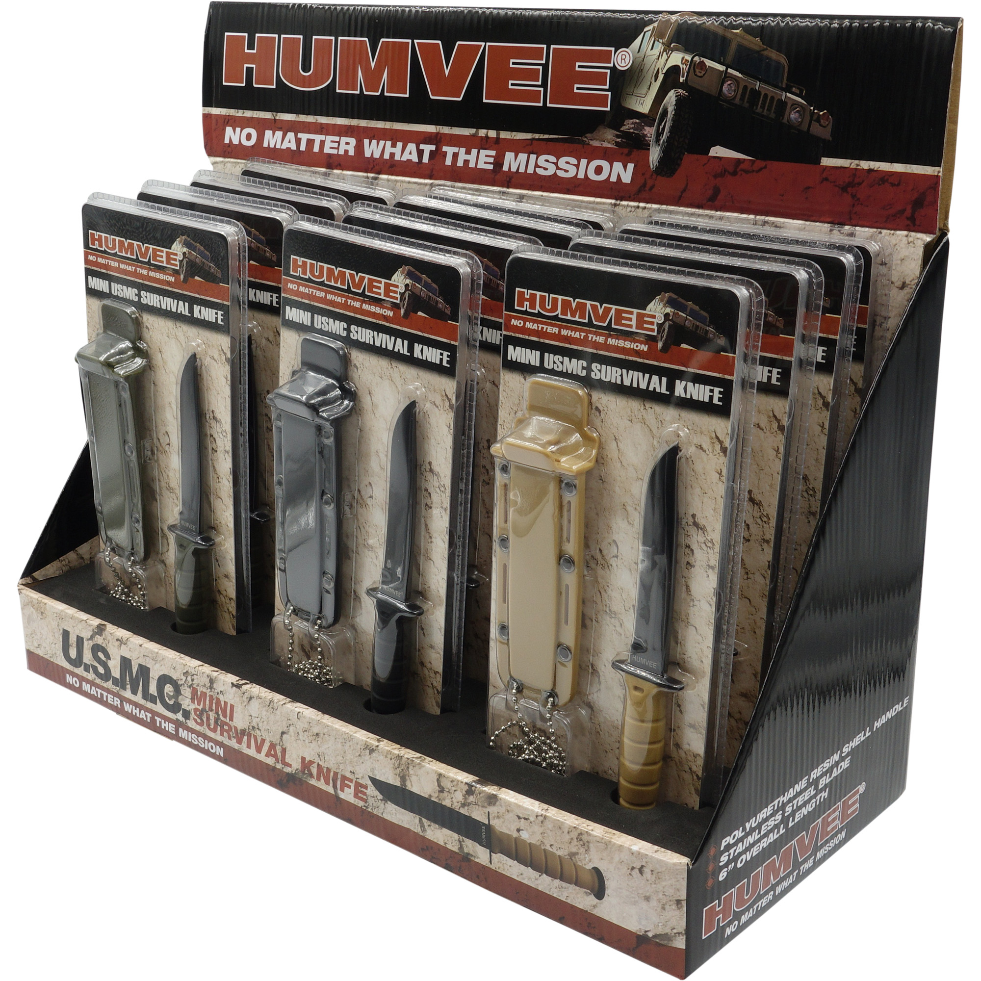 Humvee HMV-DB-USMC Knife Display, 12-Piece, Black/Khaki/Green