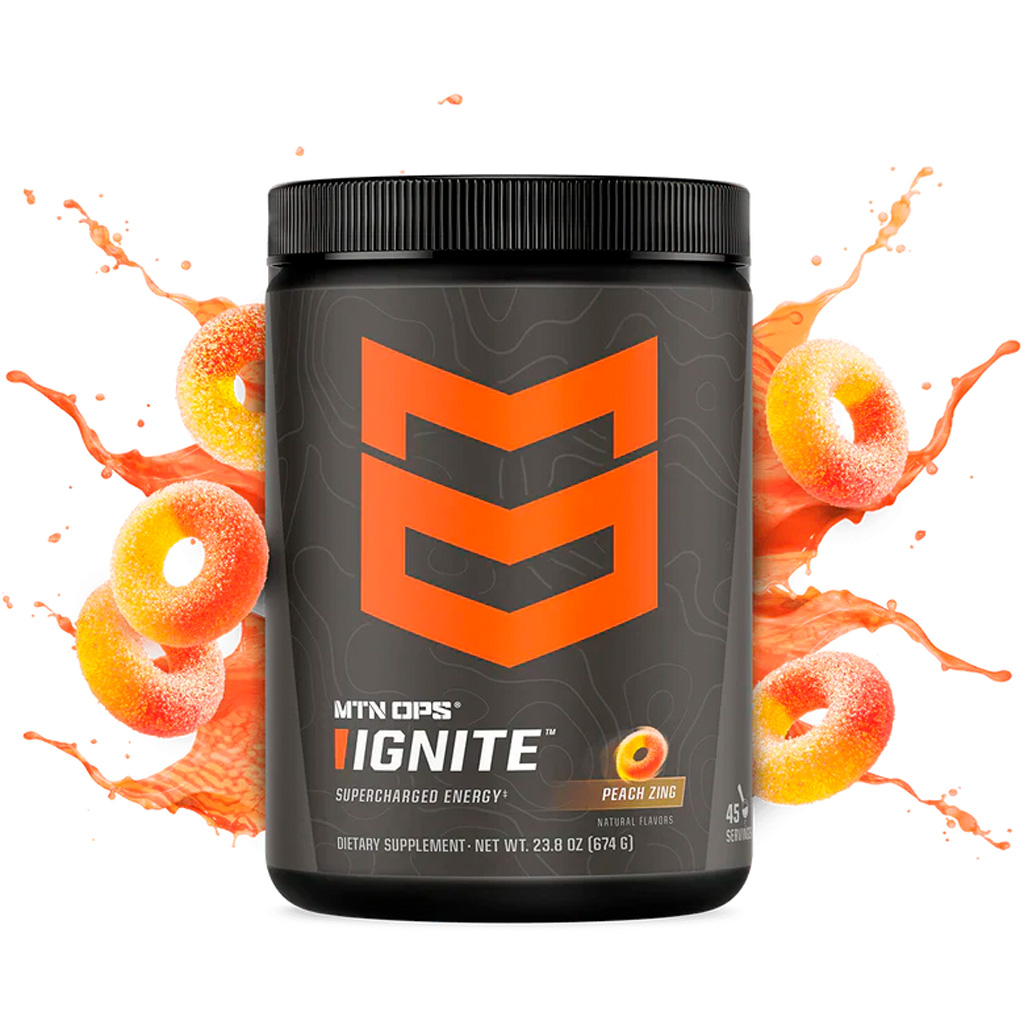 MTN OPS Ignite 1104310145 Peach Zing Tub, 200mg Caffeine, Zero Sugar
