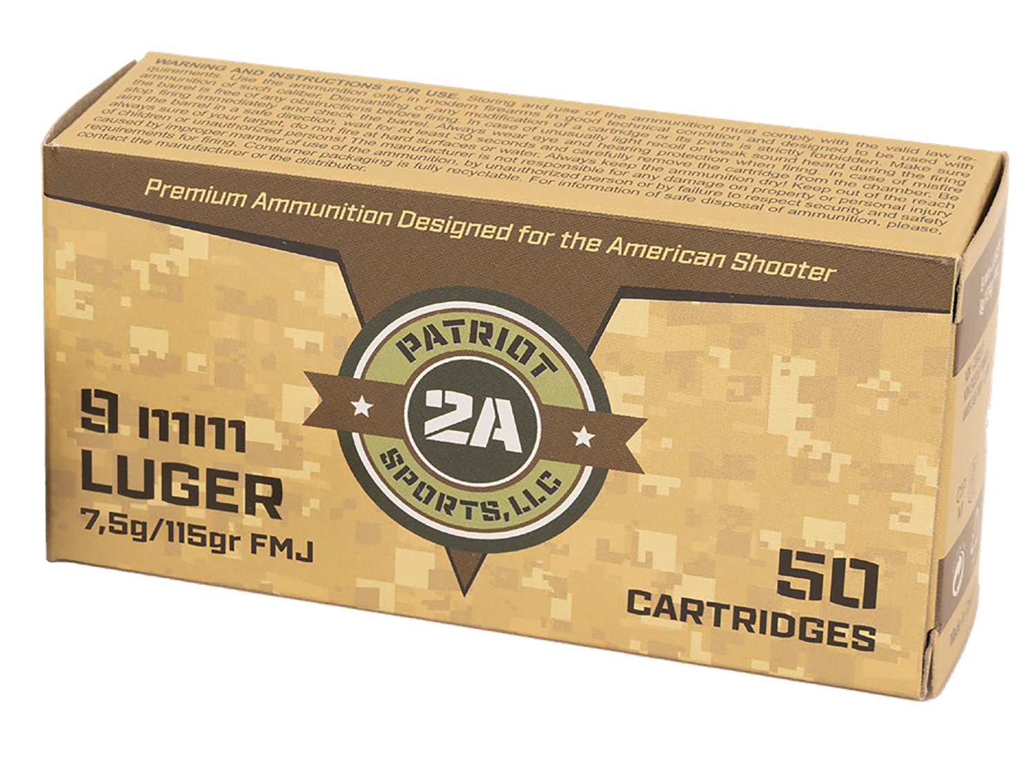 PATRIOT SPORTS LLC P9MM115F 9mm 115gr Full Metal Jacket 50 Per Box/20 Case