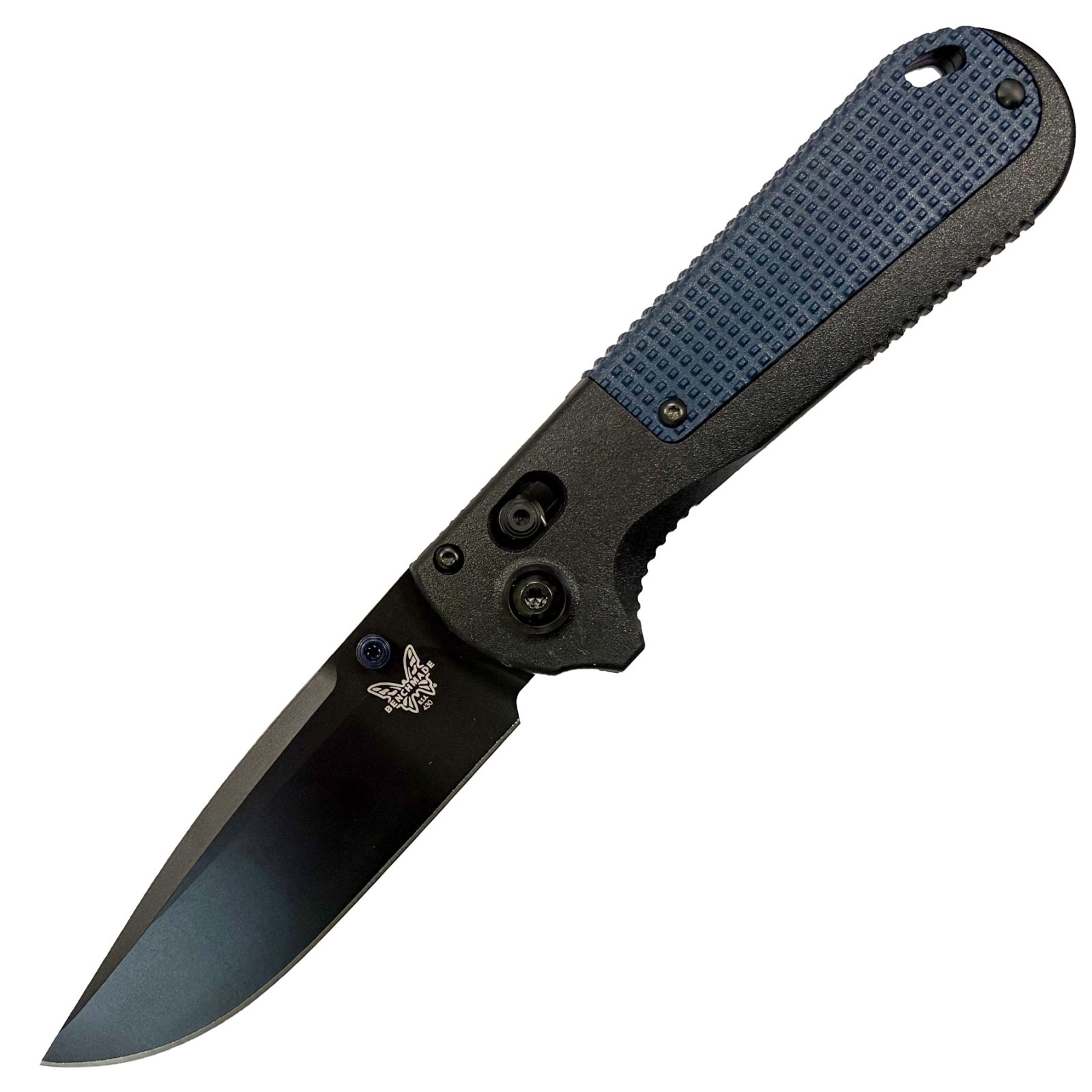 BENCHMADE LE REDOUBT 3.5" BLUE Drop Point, Crater Blue Backstrap, Light Black Grivory Handle CPM-D2 Blade Steel, 3.55" Blade Length