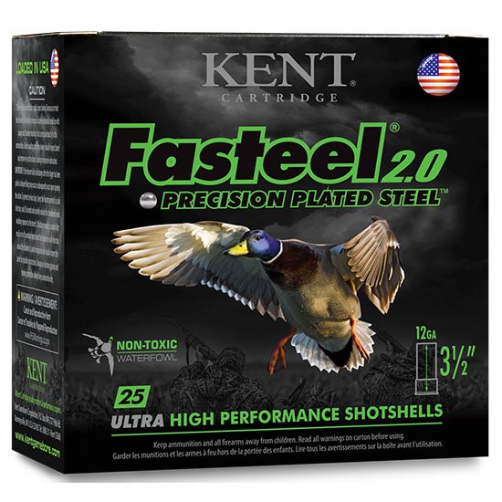 Kent Cartridge Fasteel 2.0 Waterfowl 12 Gauge, 3" Shell, Zinc-Plated Steel Shot, 1-1/4oz, 1500fps, 25 Rounds, K123FS36-2