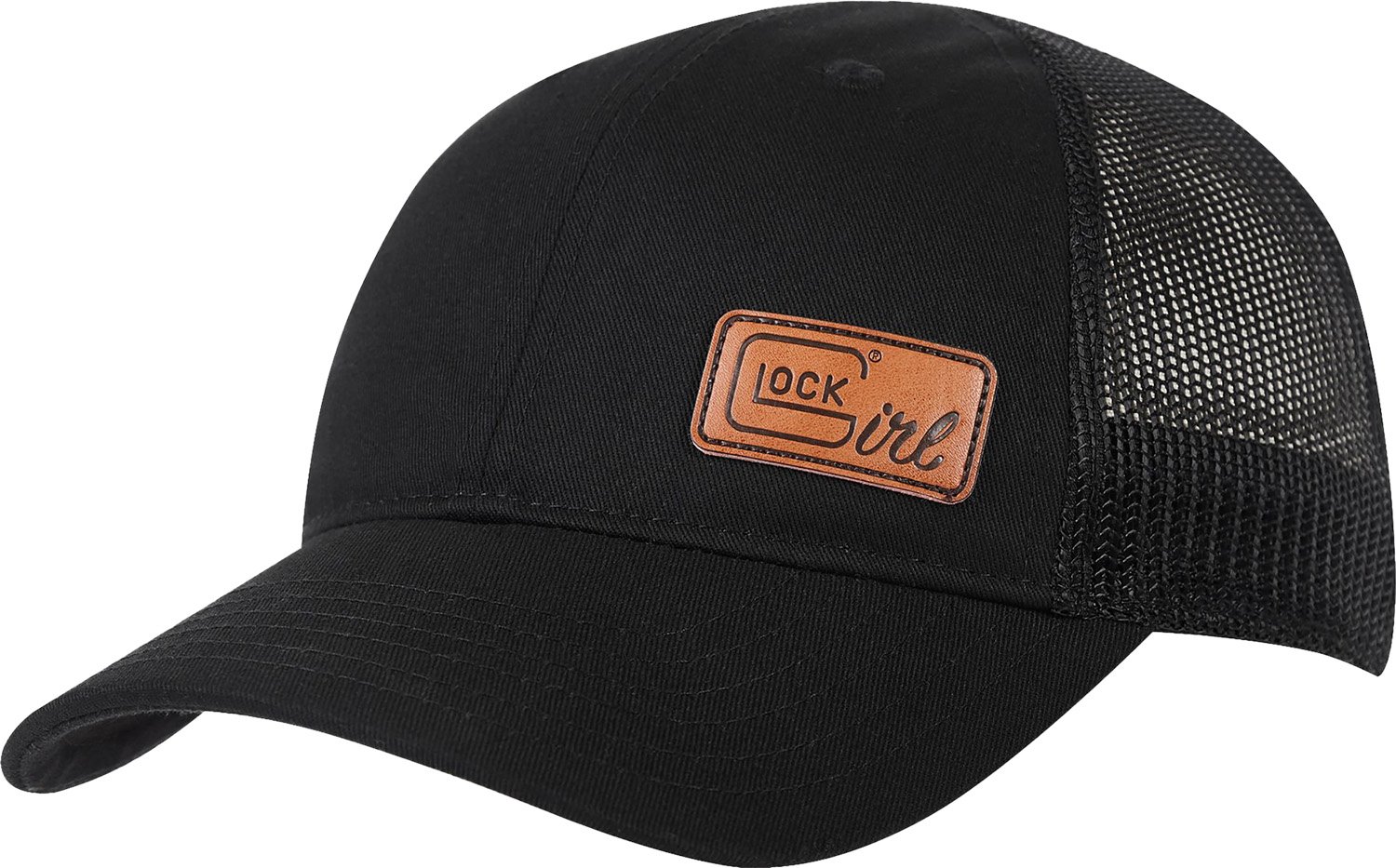 Glock AP96239 Black Leather Patch Ponytail Hat Chino Twill Mesh Back