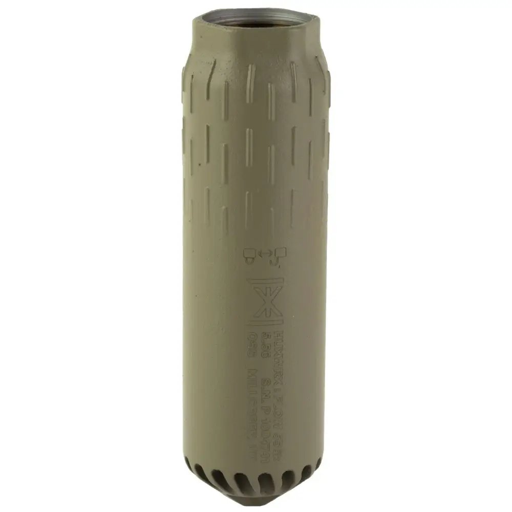 Huxwrx Flow 556K Multi-Caliber Suppressor, 5.56x45mm NATO, 1.60"D, 17-4 Stainless Steel, Flat Dark Earth Cerakote, 1/2"-28 tpi Flash Hider