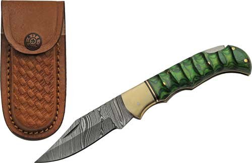 SZCO Rite Edge DM1303GN 3" Green Grooved Wood Damascus Lockback Knife