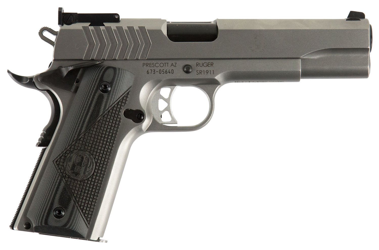 Ruger 6759 SR1911 Target 9mm Luger, 5" Bull Barrel, 9+1 Capacity, Low-Glare Stainless Steel Frame & Slide, Deluxe Checkered G10 Grip, Adjustable Target Sights - Ruger - 9mm