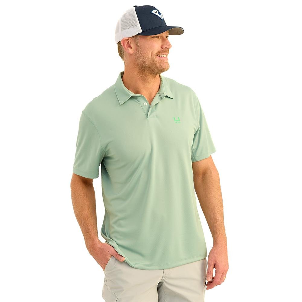 Huk H1200639-315-L Icon Polo Short Sleeve Shirt Fog Green Large - Marolina DBA HUK