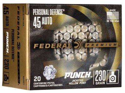 Federal Punch PD45P1 .45 Auto 230gr JHP Ammo - Nickel-Plated Brass, Sealed Primer, 20-Pack - Federal Premium Ammunition - JACKETED HOLLOW POINT