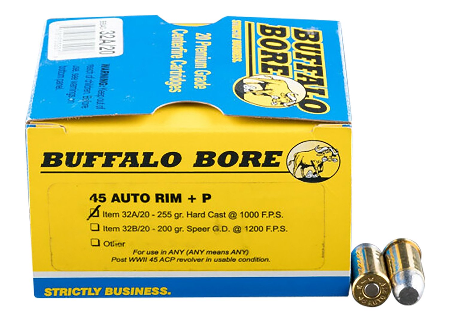 Buffalo Bore 32A20 45 Auto Rim +P 255gr Hard Cast Ammo 20 Rounds - BBA - HARD CAST FLAT NOSE