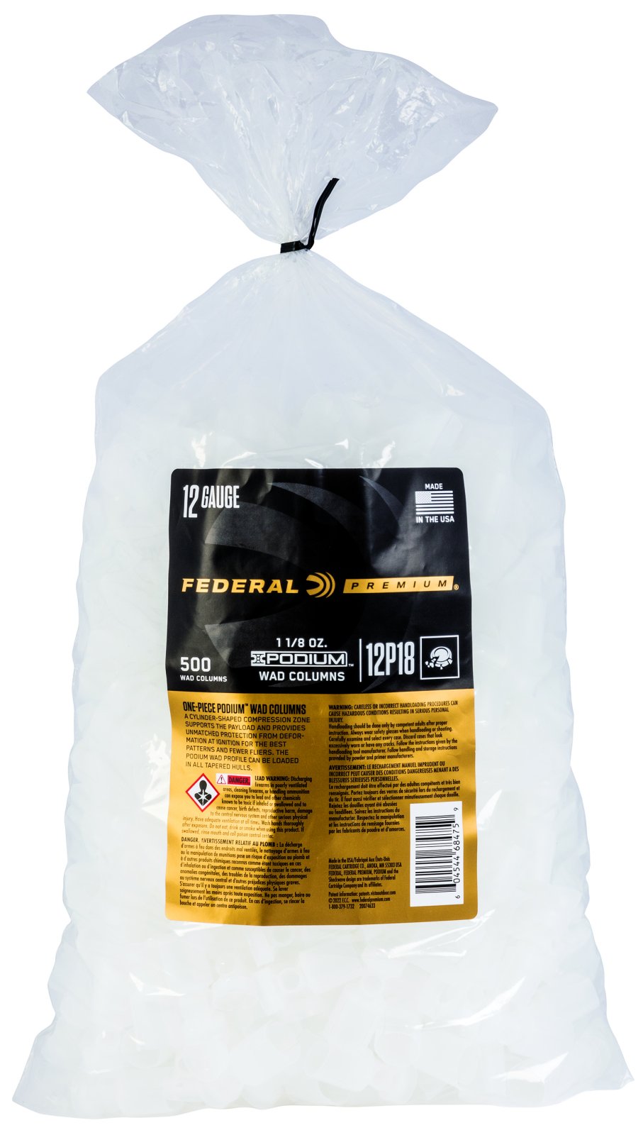 Federal 12P18 Podium Wad 12 Gauge 1 1/8oz White Plastic 500 Count - Federal Premium Ammunition - PLASTIC