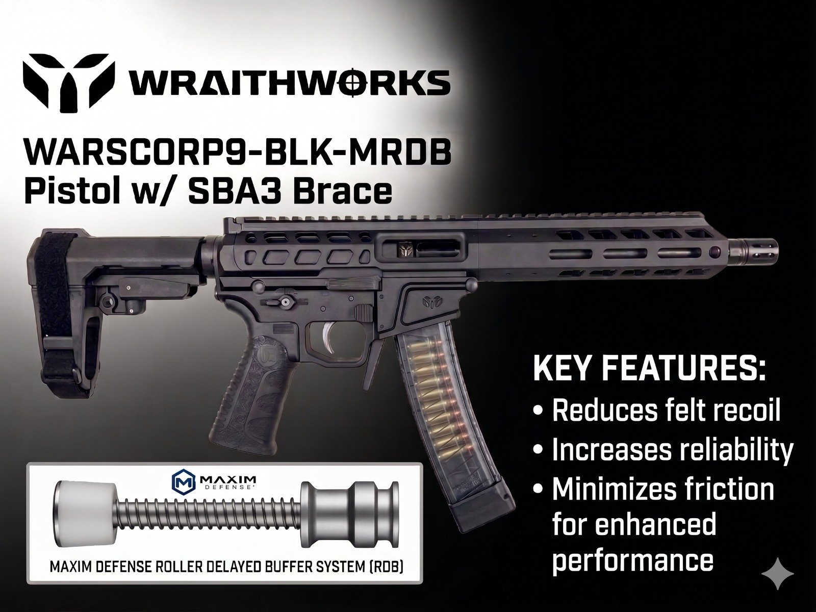 "Wraithworks WARSCORP9 Roller Delayed Side-Charging AR Pistol - Black 9mm 8.5"" Barrel 7"" M-LOK Rail SB Tactical SBA3 Brace Accepts Scorpion Mags" WARSCORP9-BLK-MRDB-SBA3