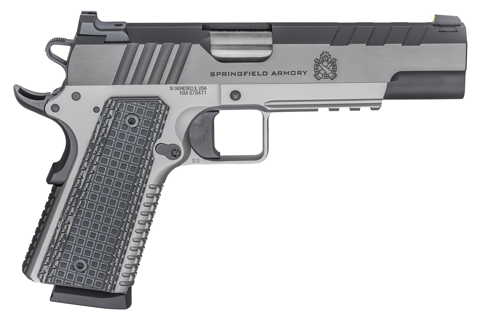 Springfield Emissary 1911 .45 ACP Two-Tone Pistol: Stainless Steel Frame, 5" Bull Barrel, Tritium/Luminescent Sights, VZ Grips Thin-Line G10, 8-Round Capacity - Springfield Armory - .45 ACP