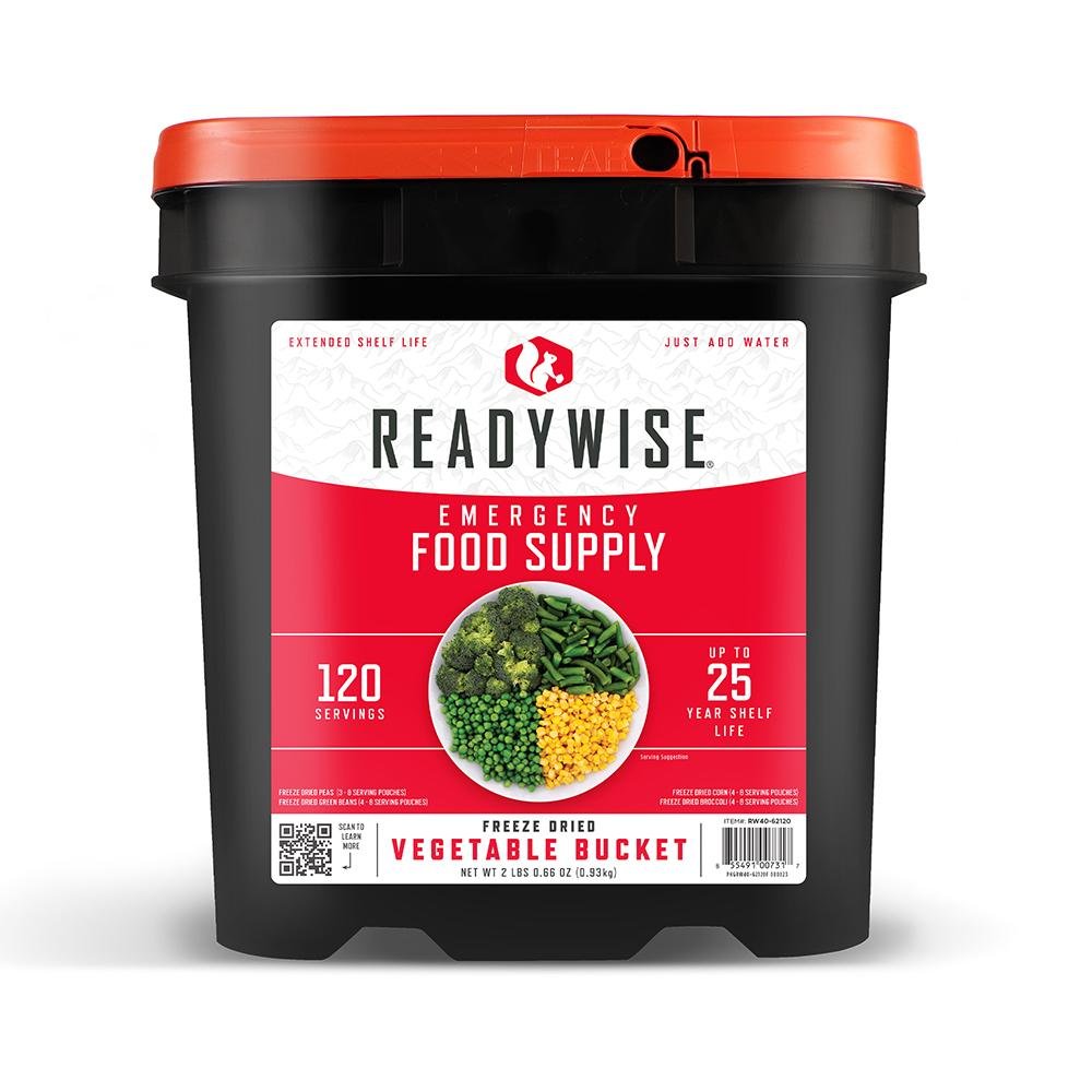 What s included in each bucket 4 pouches of Corn 8 servings ea. 3 Peas - ReadyWise