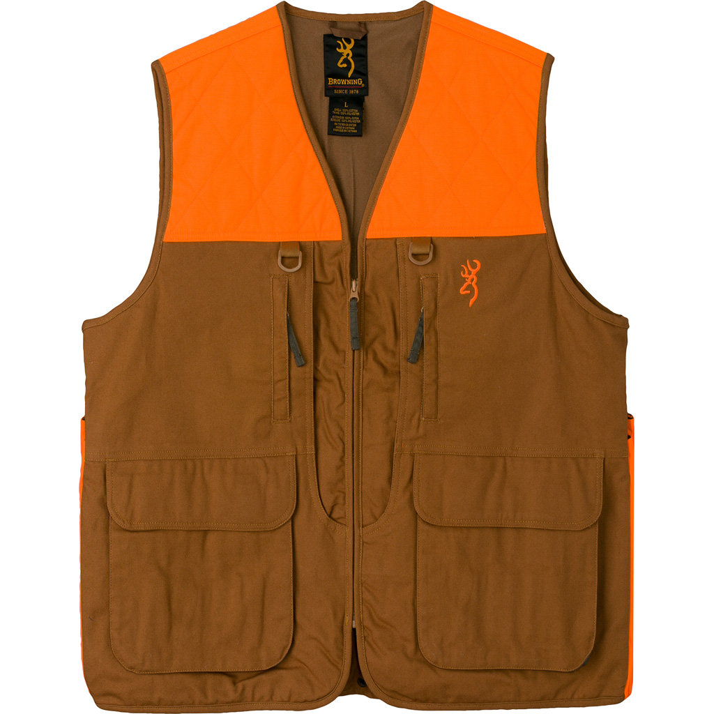 Browning Pheasant Forever Vest Lg, Orange, 12 oz. 100% Cotton Canvas, Blood Proof Game Bag, Zippered Pockets