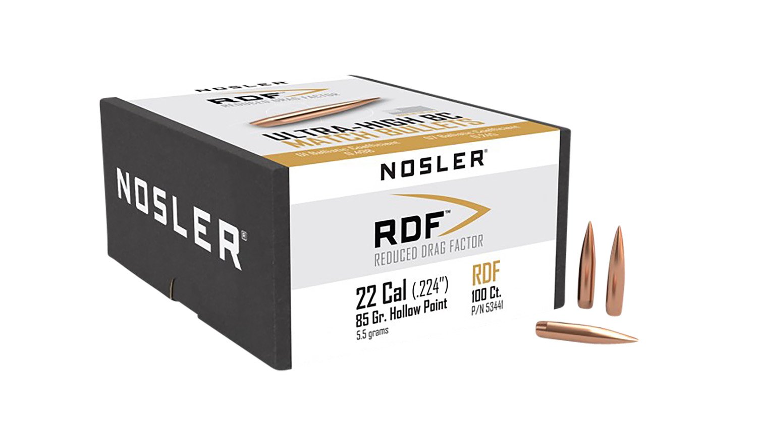 Nosler RDF .22 Caliber .224 85gr Hollow Point Boat Tail Rifle Bullets, 100 Count Box - Nosler - 22 Caliber