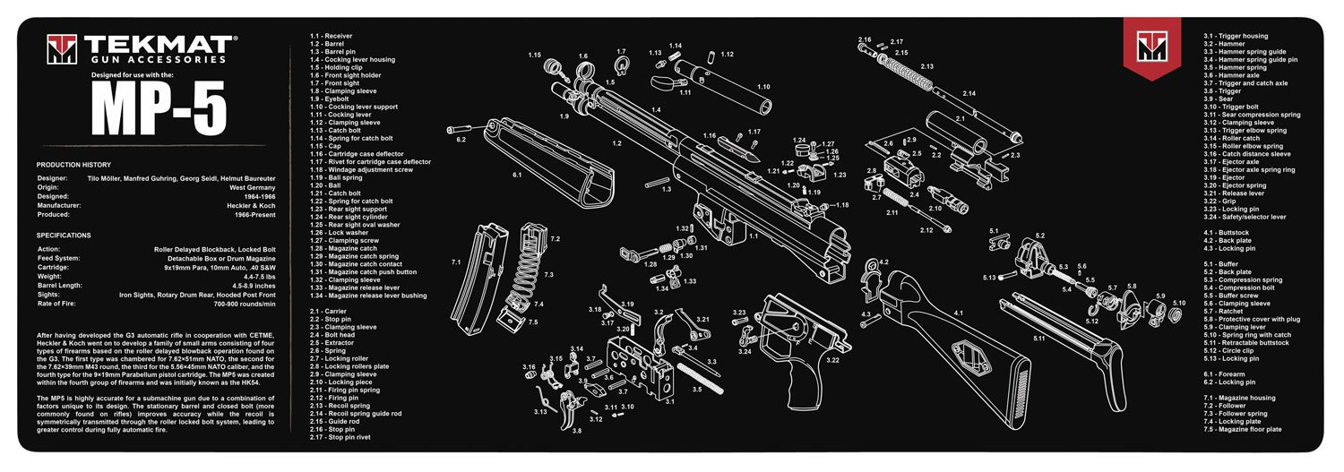 TekMat TEKR36HKMP5 MP5 Gun Cleaning Mat 12"x36" Rubber Non-Skid Black - TEKMAT - 12"X36"X1/8"