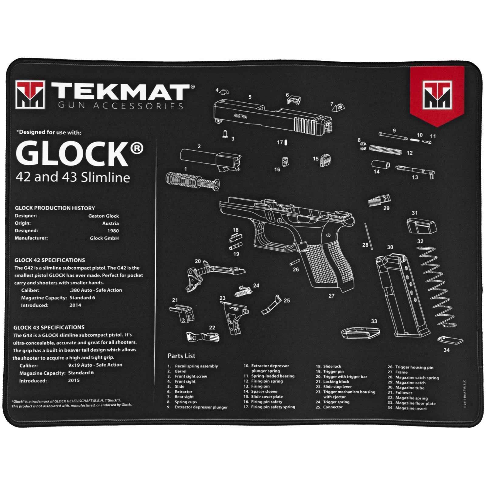 TekMat Ultra 15x20 Black Mat: Glock 42/43, Thermoplastic Surface, Neoprene Padding, Exploded Parts Diagram