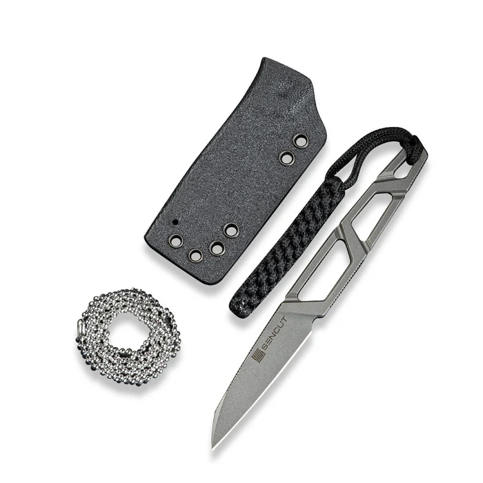 TEXO Fixed Blade Neck Knife 1.97"" Stonewash 9Cr18MoV Reverse Tanto Plain Edge Blade, Skeletonized Handle & Kydex Sheath