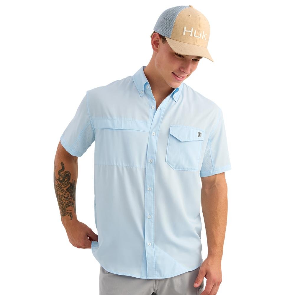 Huk Tide Point Short Sleeve Button Down Shirt Coastal Drift L - Marolina DBA HUK