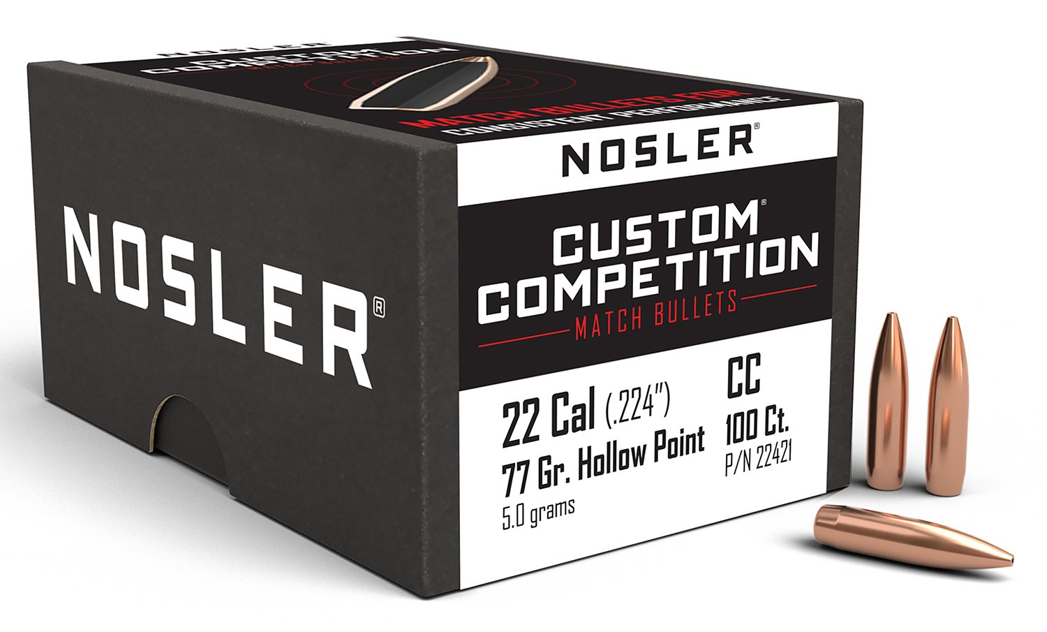 Nosler Custom Competition .22 Cal, 77gr HPBT Bullets, .224 Diameter, 100ct Box, Unloaded, MFR# 22421 - Nosler - 22 Caliber