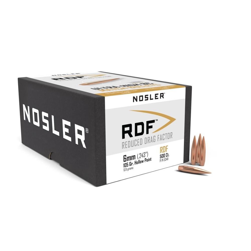 Nosler RDF 6mm .243 Caliber, 105gr HPBT, 500ct - High BC, Wind Drift Resistant, USA Made