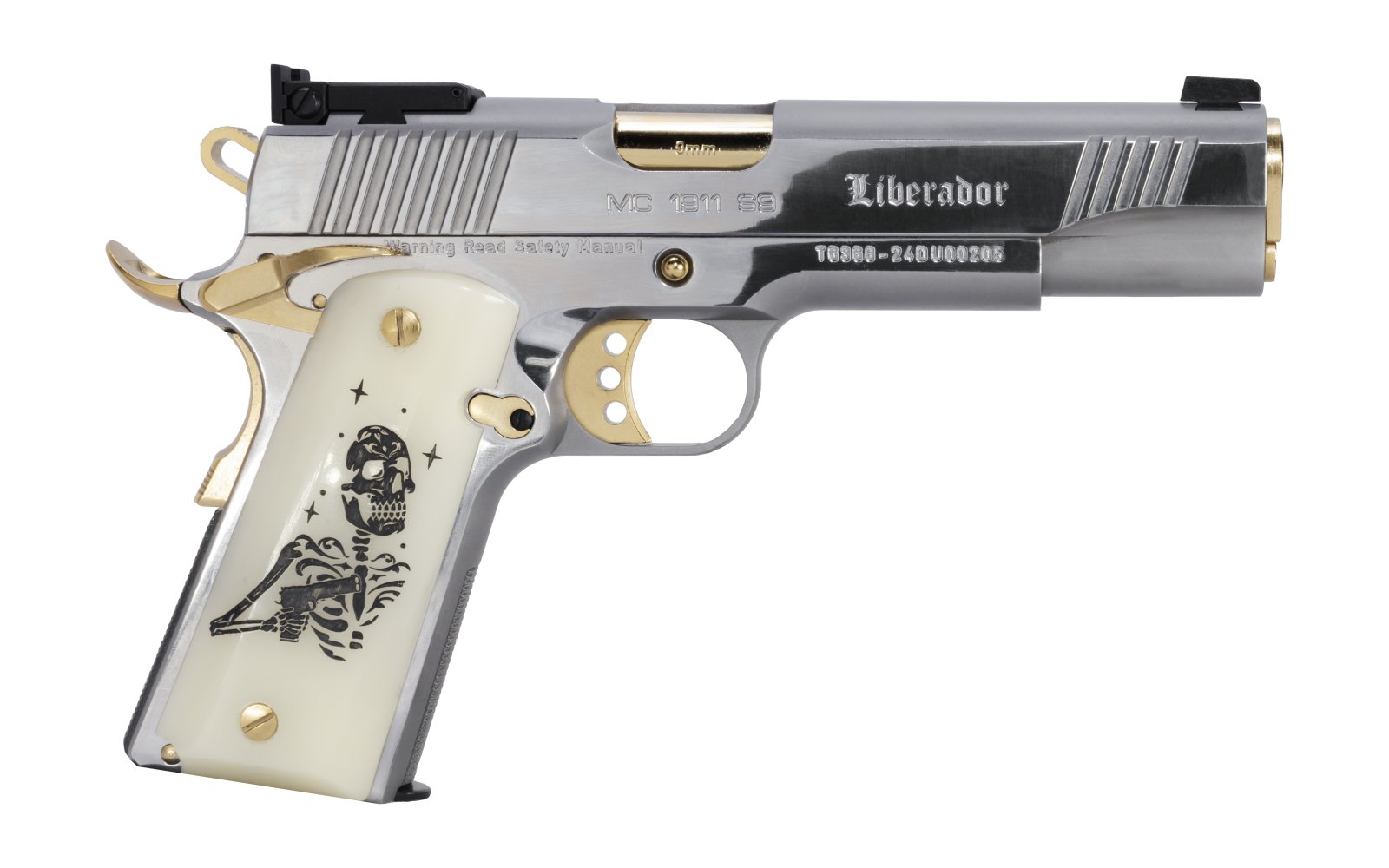 Girsan MC1911 LIBERADOR III 9MM 5" Barrel Stainless Steel & Gold Trim, Engraved Pearl Grips, 10-Rd