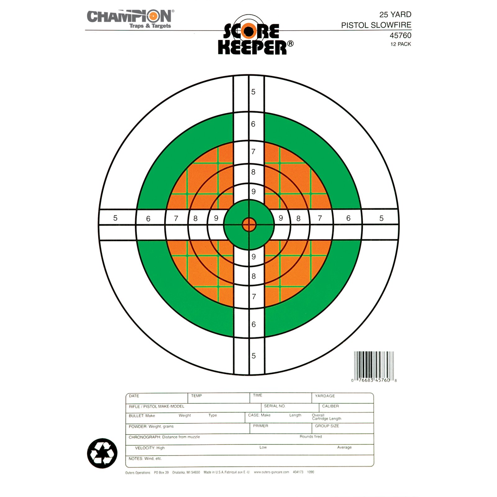 Champion Scorekeeper Targets Fluorescent Orange & Green Bull - 25 yd. Pistol Slow Fire 12/Pack