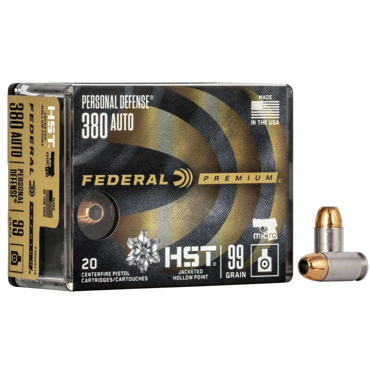 Federal P380HST1S 380 ACP 99gr HST JHP 20 Rounds per Box - Federal Premium Ammunition - HST JACKETED HOLLOW POINT
