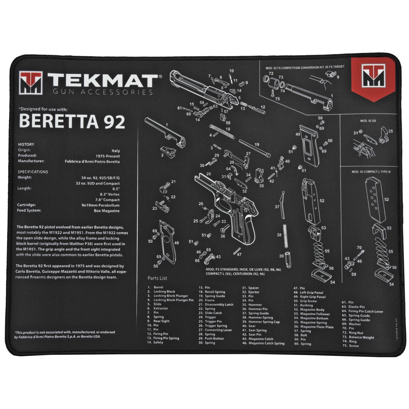 TekMat Beretta 92 Ultra 20 Gun Cleaning Mat Black/White Rubber