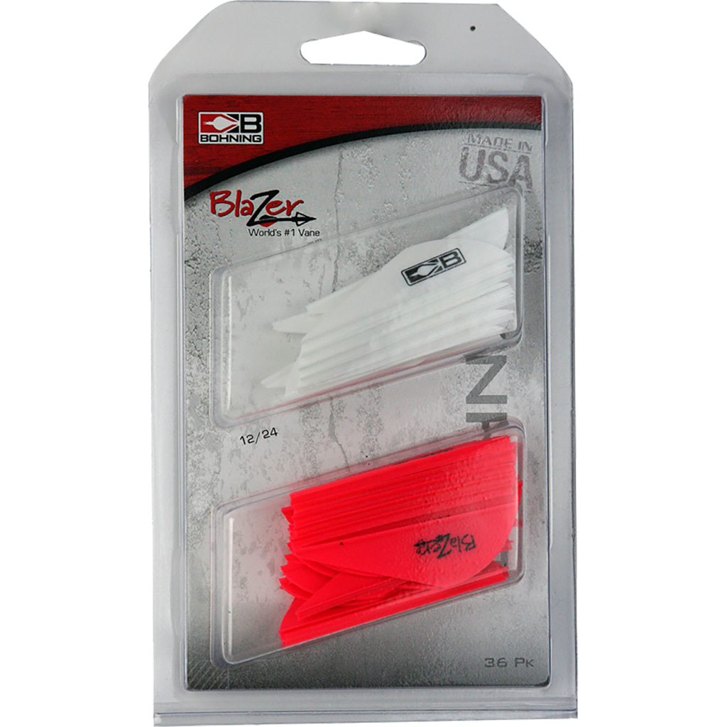 Bohning Blazer Vane Combo White/Hot Pink 36 pk. Universal vane for any broadhead, crossbows, and 3D archery. 2" length, .6" height, 6 grains.