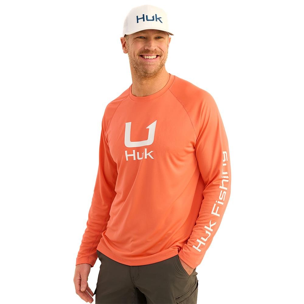Huk H1200573-821-L Icon Crew Long Sleeve Shirt Fresh Salmon L, 50+ UPF - Marolina DBA HUK