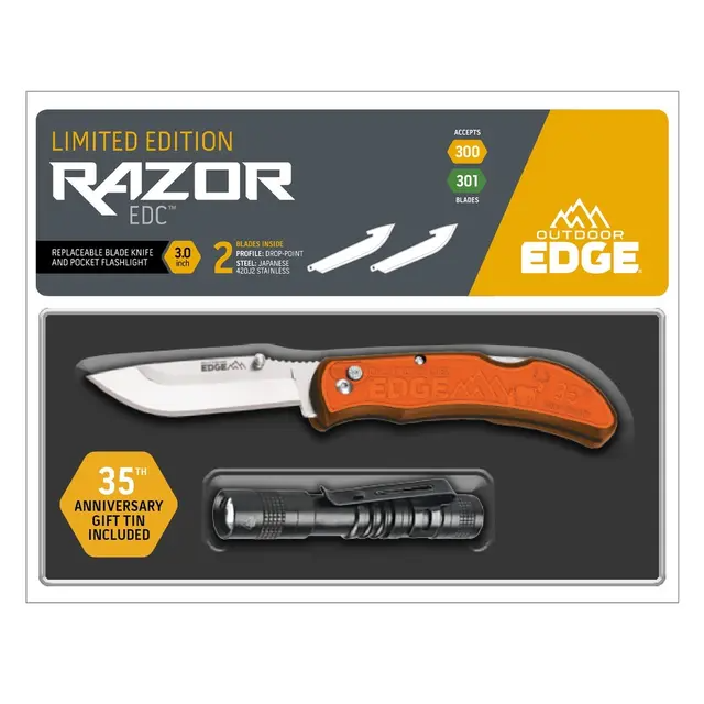 Outdoor Edge P24RX30FL2T Razor Carry 3" Knife with Flashlight & Tin 2 Blades
