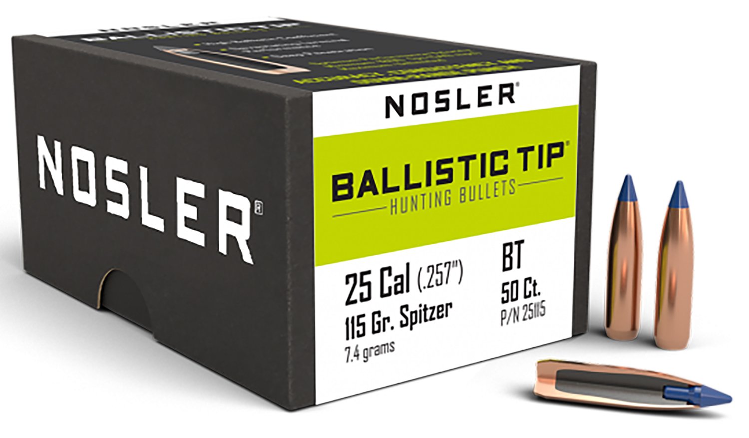 Nosler 25115 Ballistic Tip Hunting 25 Cal .257 115 gr Spitzer Point 50 Per Box - Nosler - 25 Caliber
