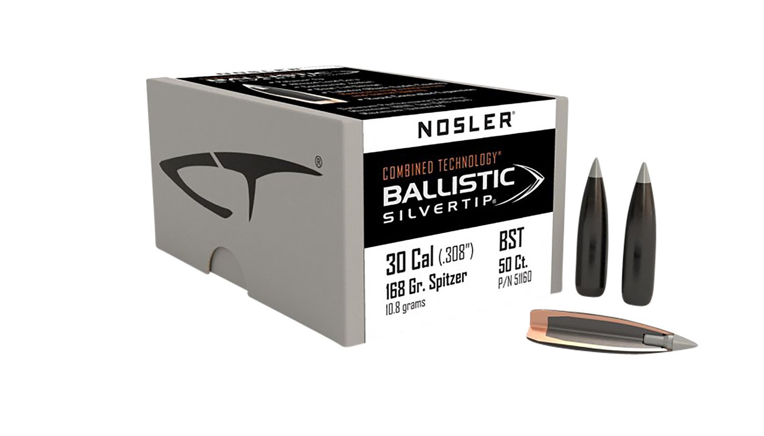 Nosler 51160 30 Caliber 168 Grain Spitzer Point 50 Count Copper Lubalox - Nosler - 30 Caliber