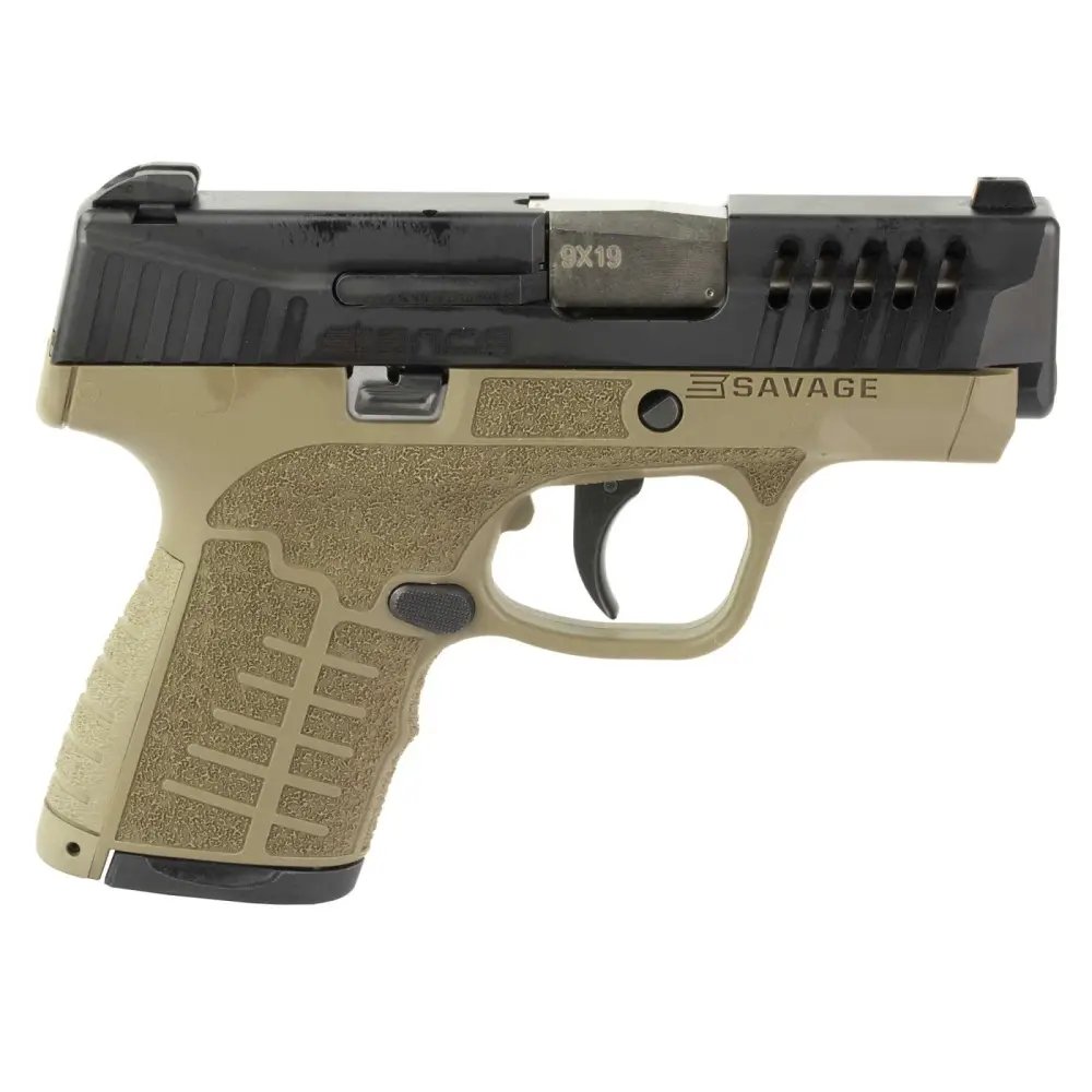 Savage Arms 67005 Stance 9mm Luger 3.20" 7+1,8+1 Flat Dark Earth Frame with Black Nitride Stainless Steel Ported Slide, Textured Interchangeable Backstrap Grip - Savage Arms - 9MM