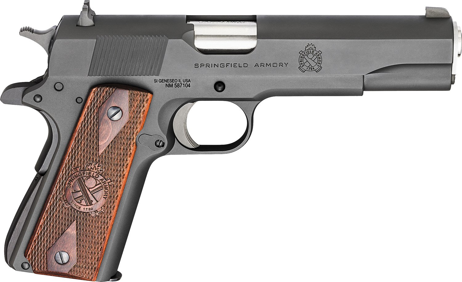Springfield Armory Mil-Spec 1911 .45 ACP Pistol, Black, 5" Stainless Steel Barrel, 7-Round, Crossed Cannons Cocobolo Grip - Springfield Armory - 45 ACP