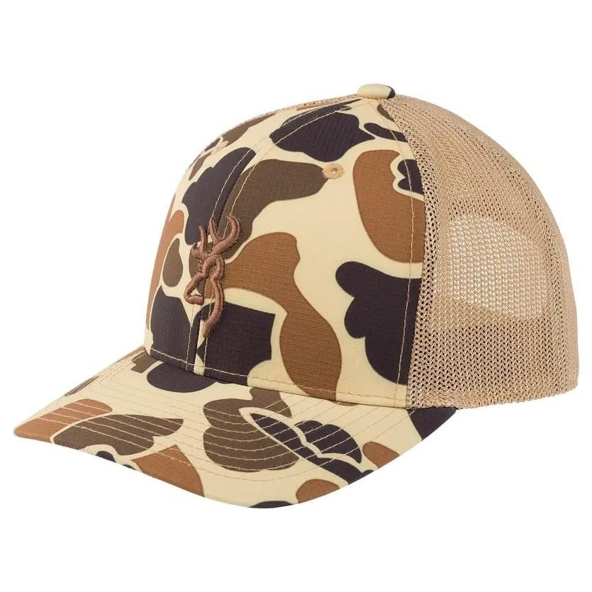 Browning Cupped Up Mesh Cap Vintage Tan Camo Adjustable Flexfit Closure - Browning