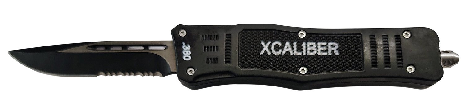 Xcaliber 380 ACP Medium OTF Knife 3.25in Part Serrated Black 440C SS