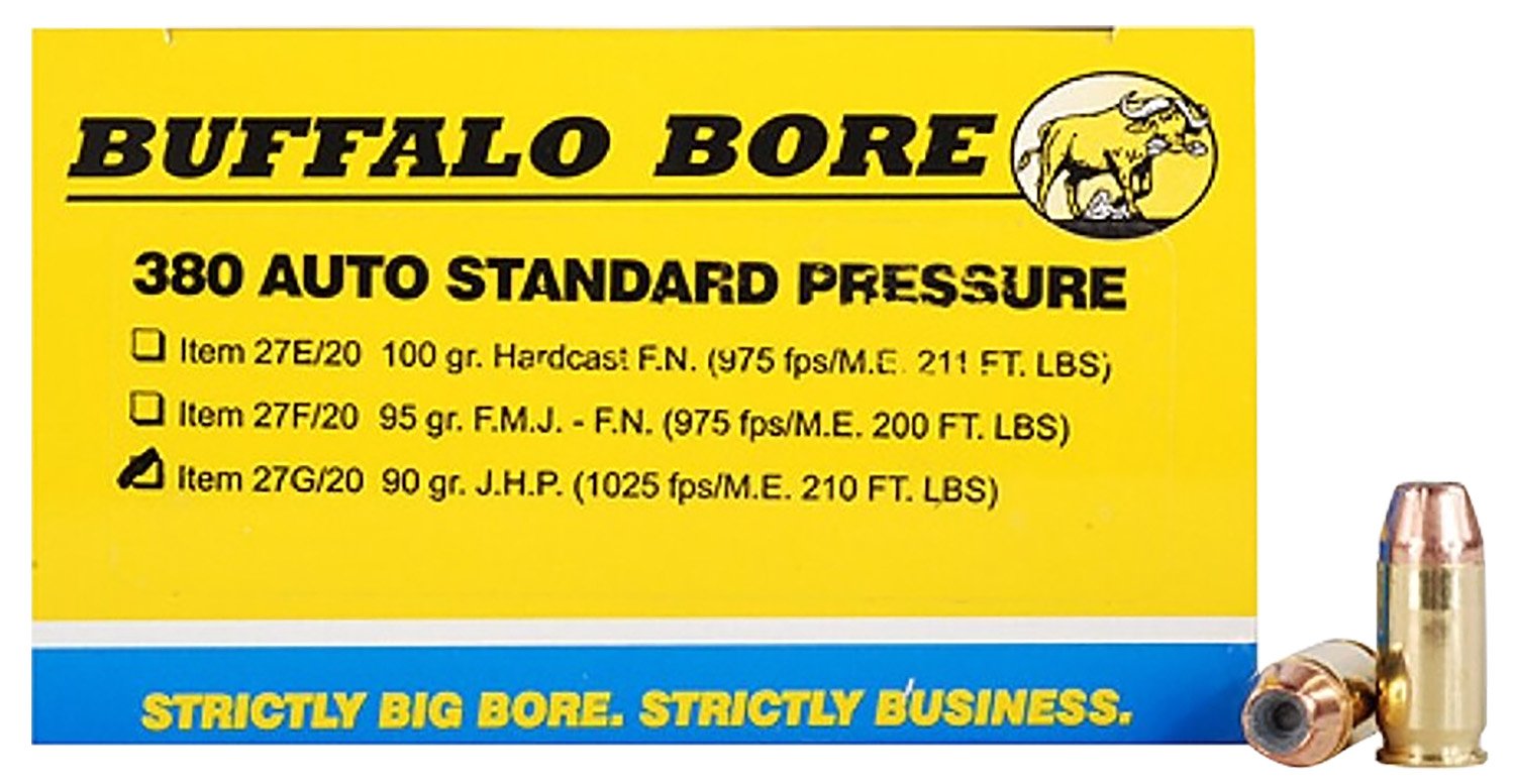 Buffalo Bore 27G20 .380 ACP 90gr JHP Ammo 20 Rounds 1025fps 210ft-lbs