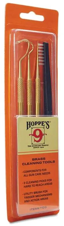 HOP T03 Brass Picks and Plastic/Nylon Brush Set - 3 Picks for Hard to Reach Areas - Utility Brush for Trigger Mechanisms and Action Areas - Different Heads for Precision Cleaning - Hoppe's