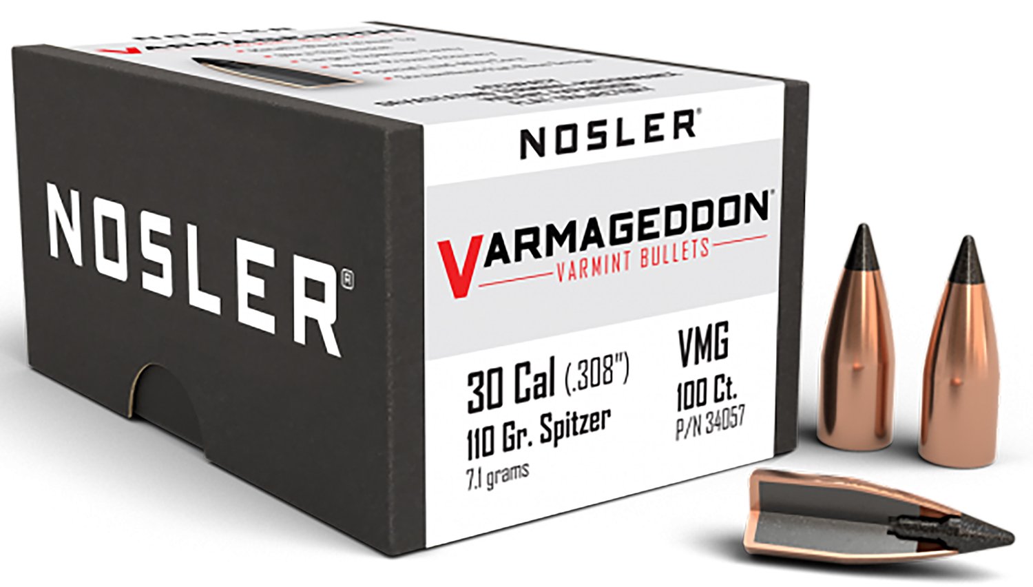 Nosler 34057 Varmageddon Varmint 30 Cal .308 110 gr Flat Base Tipped (FBT) 100 Per Box - Nosler - .308