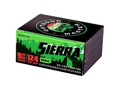 Sierra A8124--20 Outdoor Master 9mm 124GR JHP Ammo 20RD Box - Sierra Bullets - 9 MM LUGER