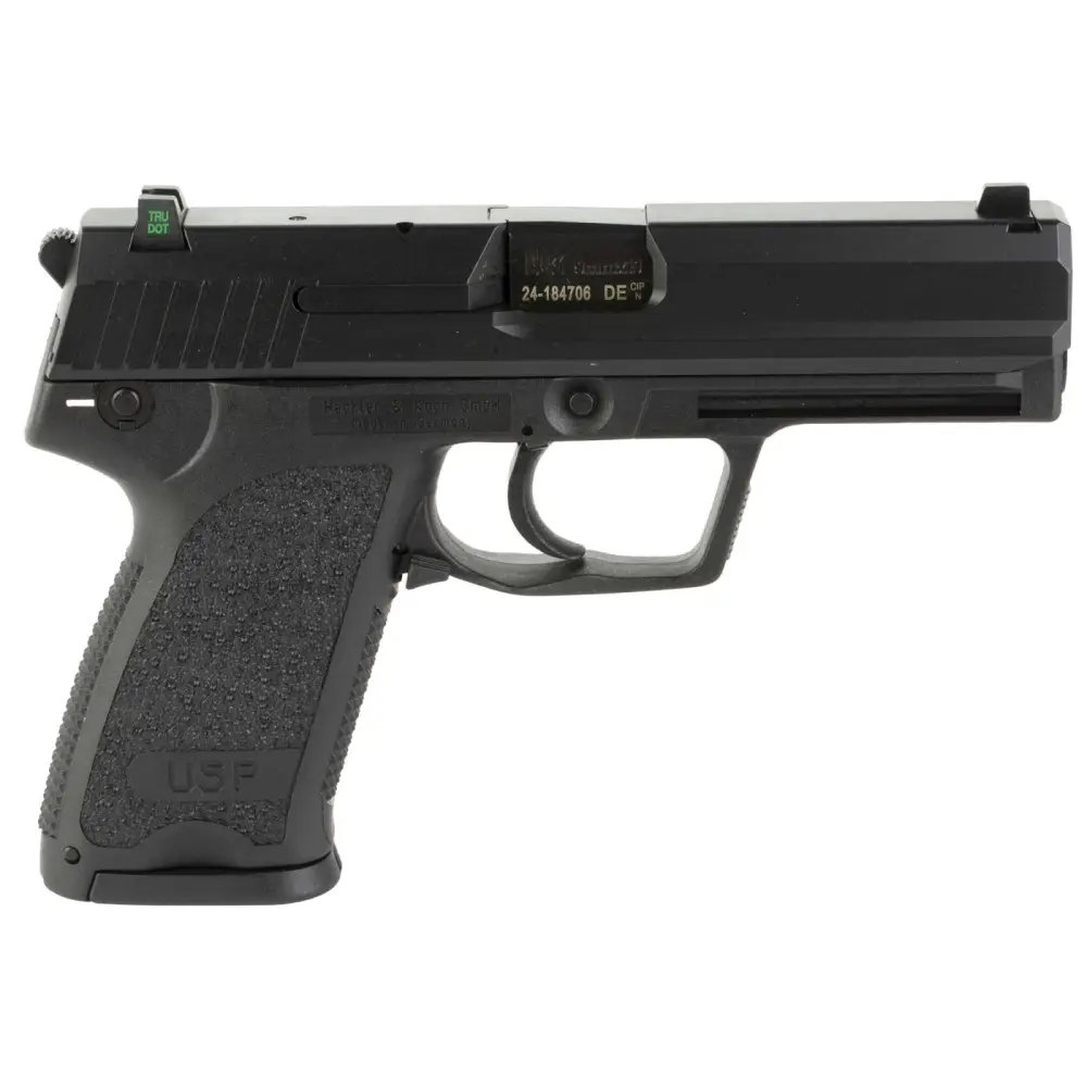 HK 81000310 USP V1 9mm Luger Caliber with 4.25" Barrel, 10+1 Capacity, Overall Black Finish, Serrated Trigger Guard Frame, Serrated Steel Slide, Polymer Grip & No Manual Safety Includes 3 Mags